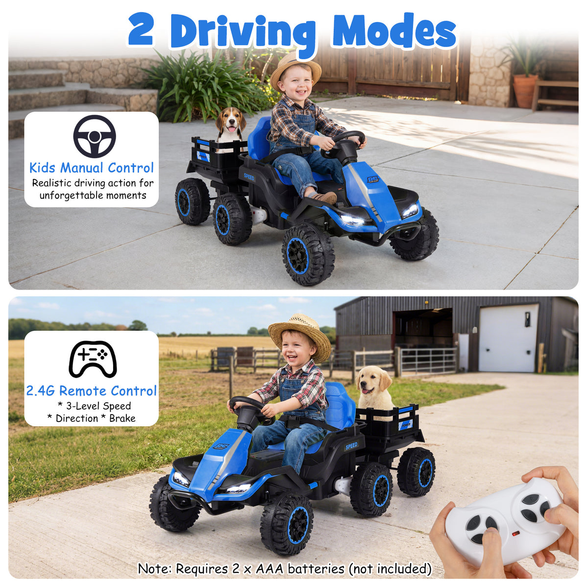 24V Kids Electric Vehicle with Parent Remote and Detachable Trailer for Boys Girls Aged 3+-Navy