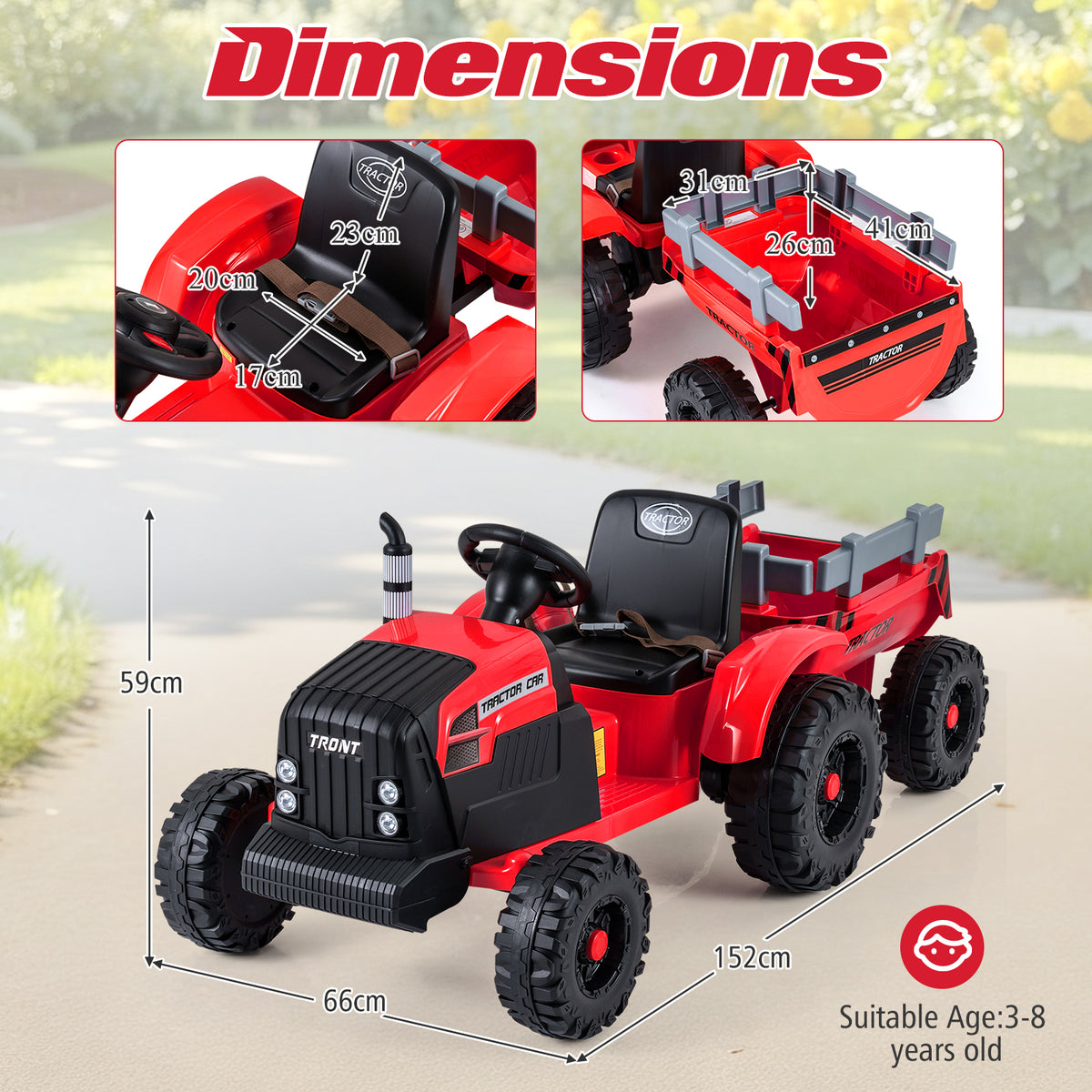 24V Ride On Tractor with Detachable Trailer for Kids-Red