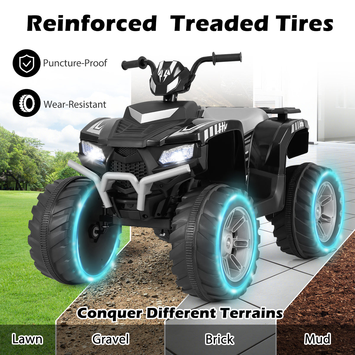 24V Ride-On ATV Toy Car with LED Lights and Wireless Connection-Black