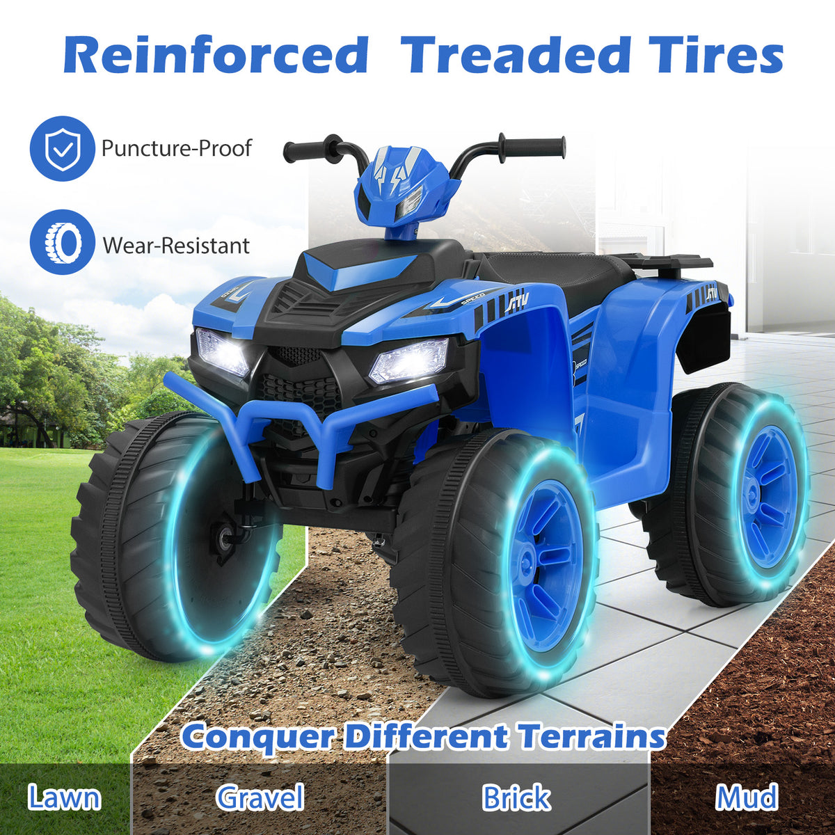 24V Ride-On ATV Toy Car with LED Lights and Wireless Connection-Blue