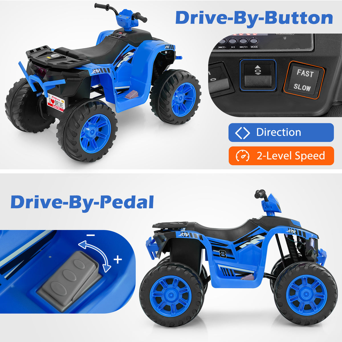 24V Ride-On ATV Toy Car with LED Lights and Wireless Connection-Blue