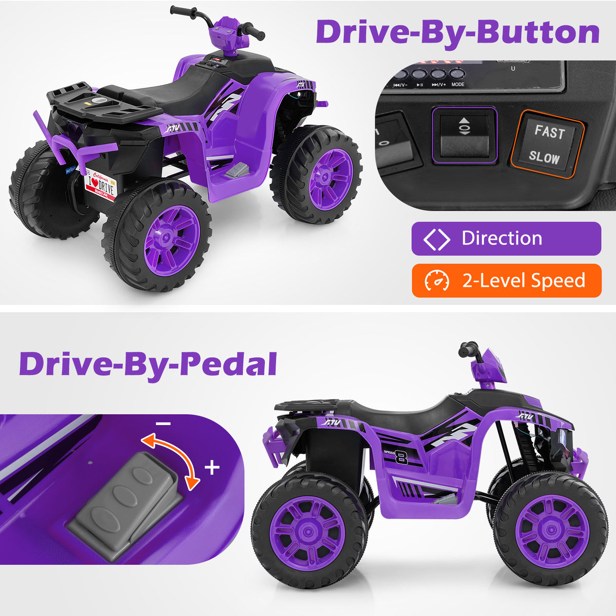 24V Ride-On ATV Toy Car with LED Lights and Wireless Connection-Purple