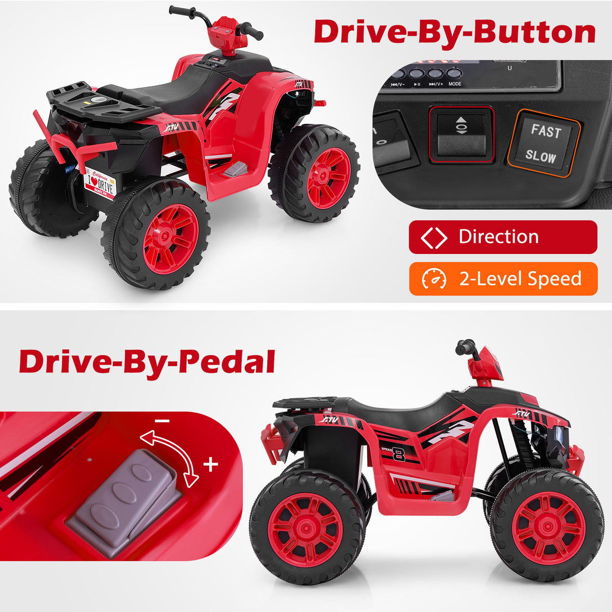 24V Ride-On ATV Toy Car with LED Lights and Wireless Connection-Red
