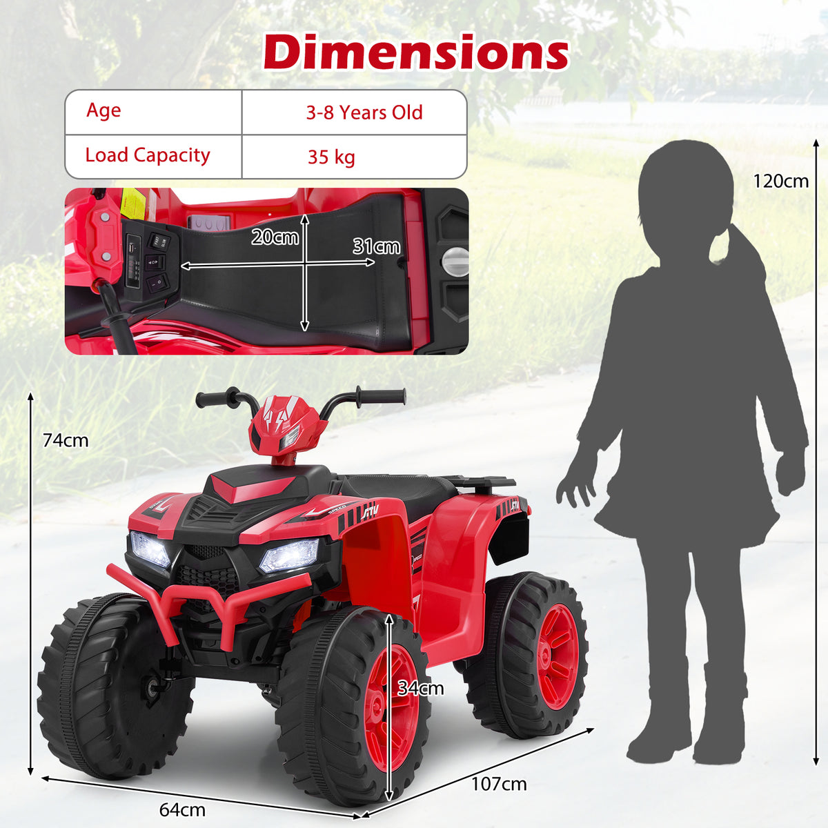 24V Ride-On ATV Toy Car with LED Lights and Wireless Connection-Red