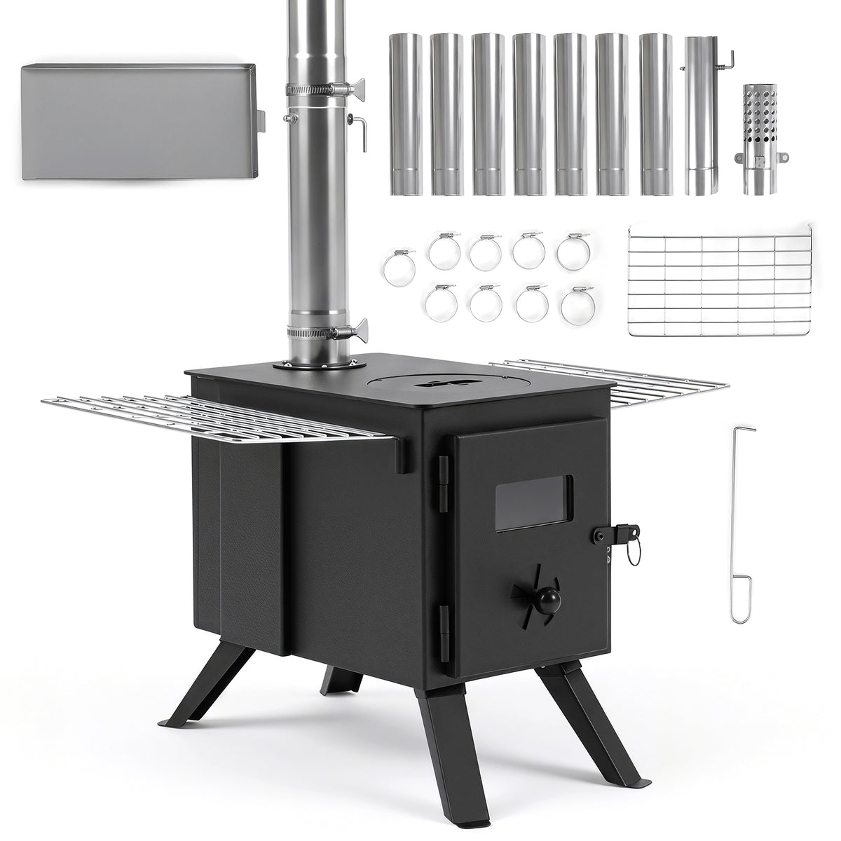 257 cm Wood Burning Stove with 8 Chimney Pipes and Spark Arrestor-Black