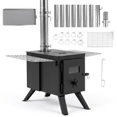 257 cm Wood Burning Stove with 8 Chimney Pipes and Spark Arrestor-Black