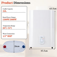 25L Electric Water Heater with Dual Power and Anti-Scale Enamelled Tank Eco Mode-White