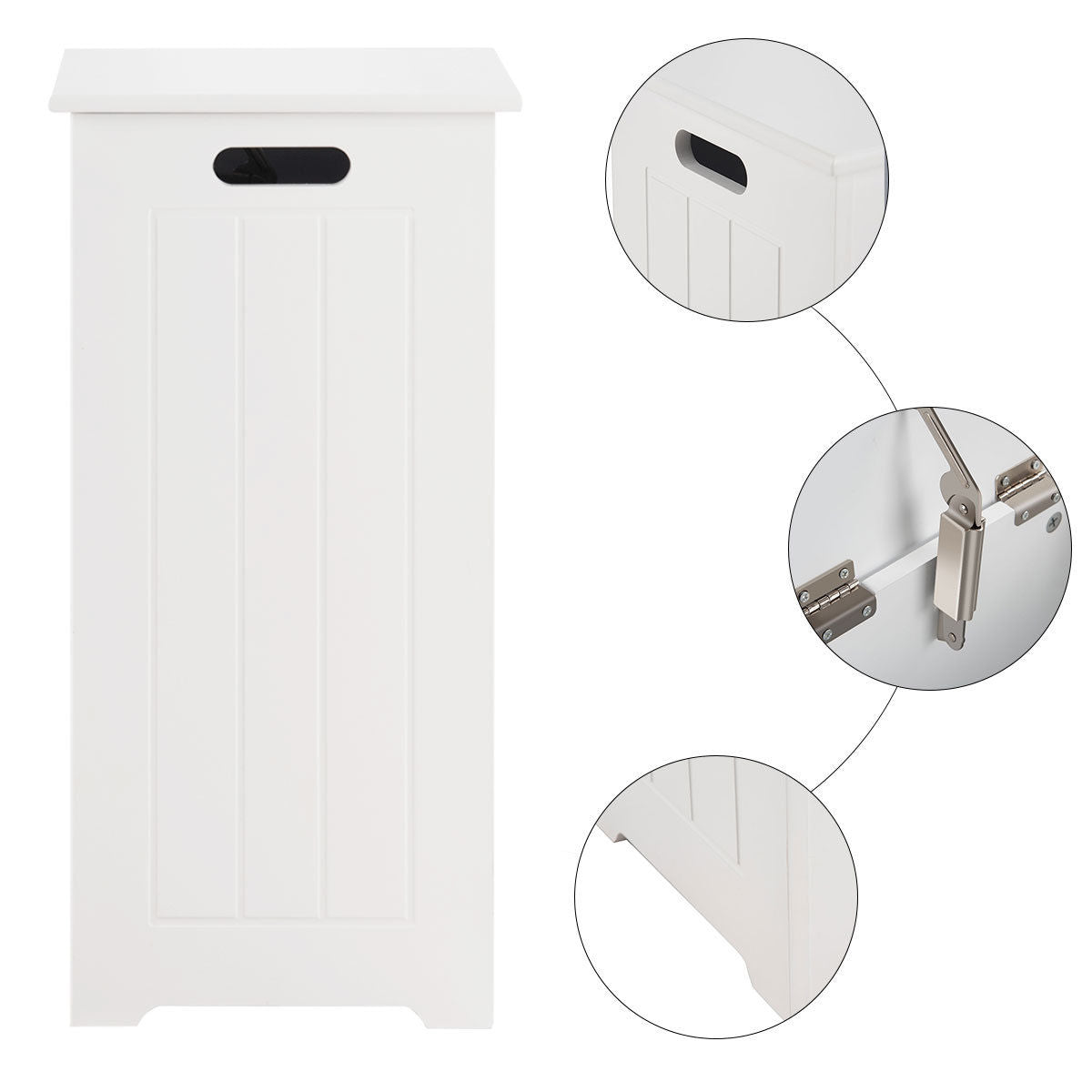 The laundry basket with circular close-up details of the handle, hinge and base