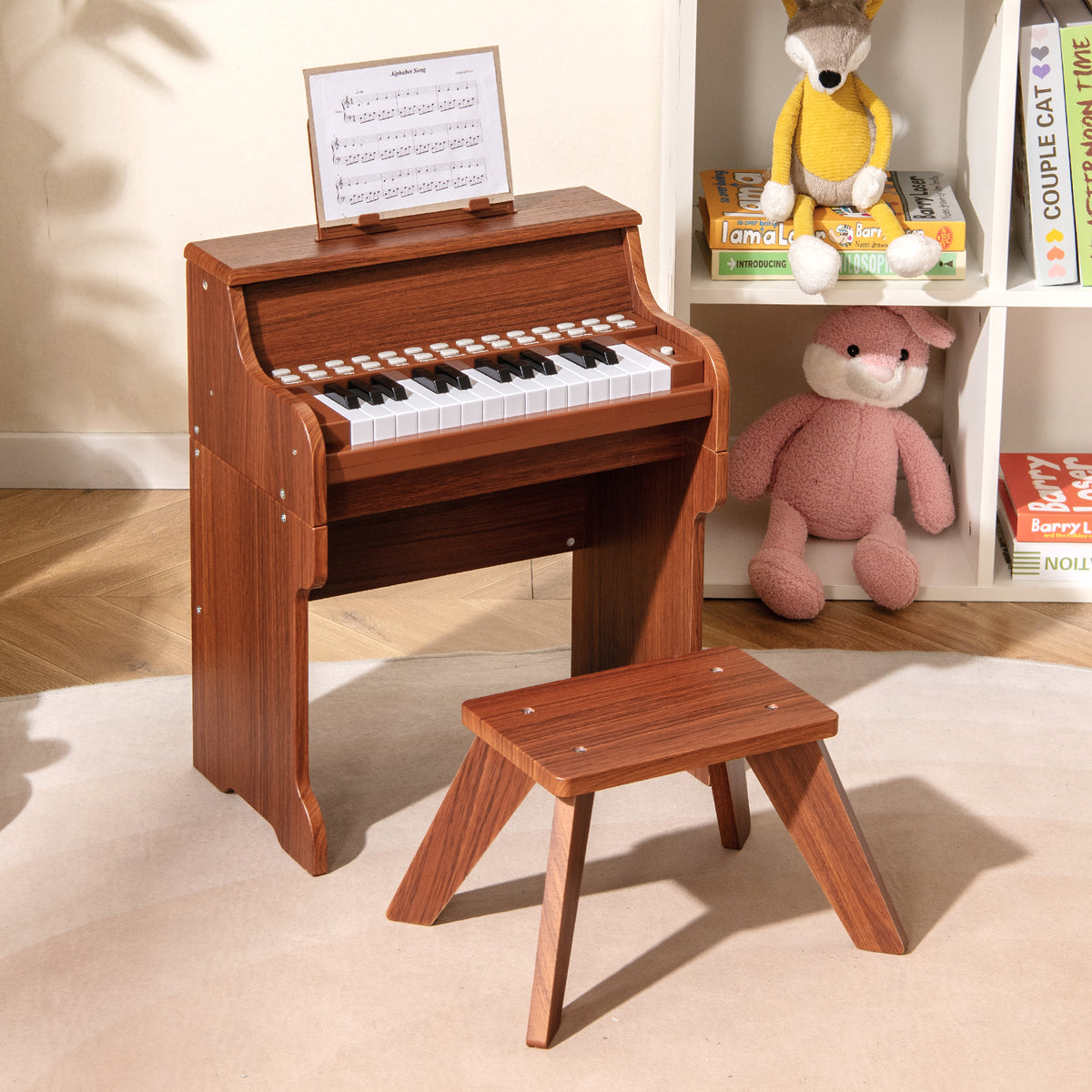 25 Lighted Keys Kids Piano Keyboard with Stool and Adjustable Speed-Brown