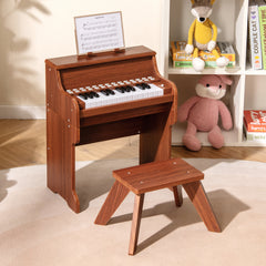 25 Lighted Keys Kids Piano Keyboard with Stool and Adjustable Speed-Brown