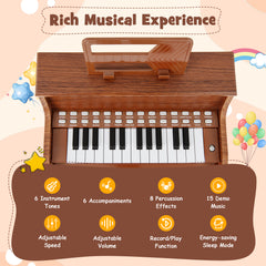 25 Lighted Keys Kids Piano Keyboard with Stool and Adjustable Speed-Brown