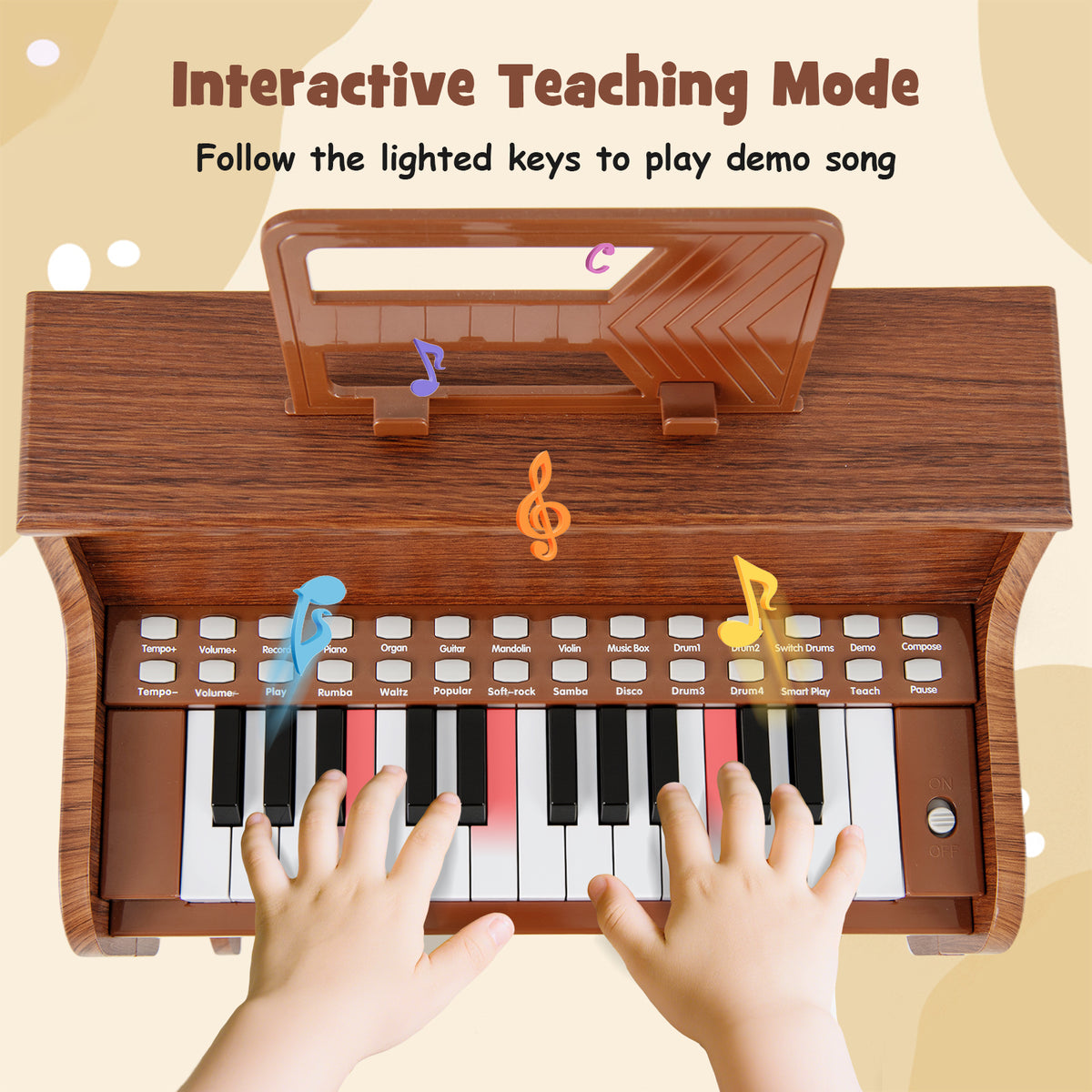 25 Lighted Keys Kids Piano Keyboard with Stool and Adjustable Speed-Brown
