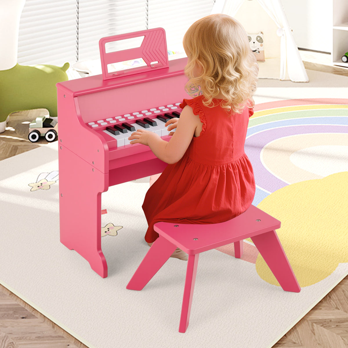 25 Lighted Keys Kids Piano Keyboard with Stool and Adjustable Speed-Pink