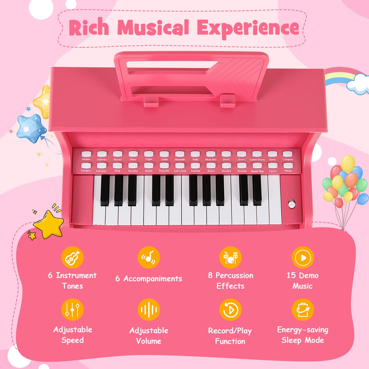 25 Lighted Keys Kids Piano Keyboard with Stool and Adjustable Speed-Pink