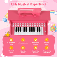 25 Lighted Keys Kids Piano Keyboard with Stool and Adjustable Speed-Pink