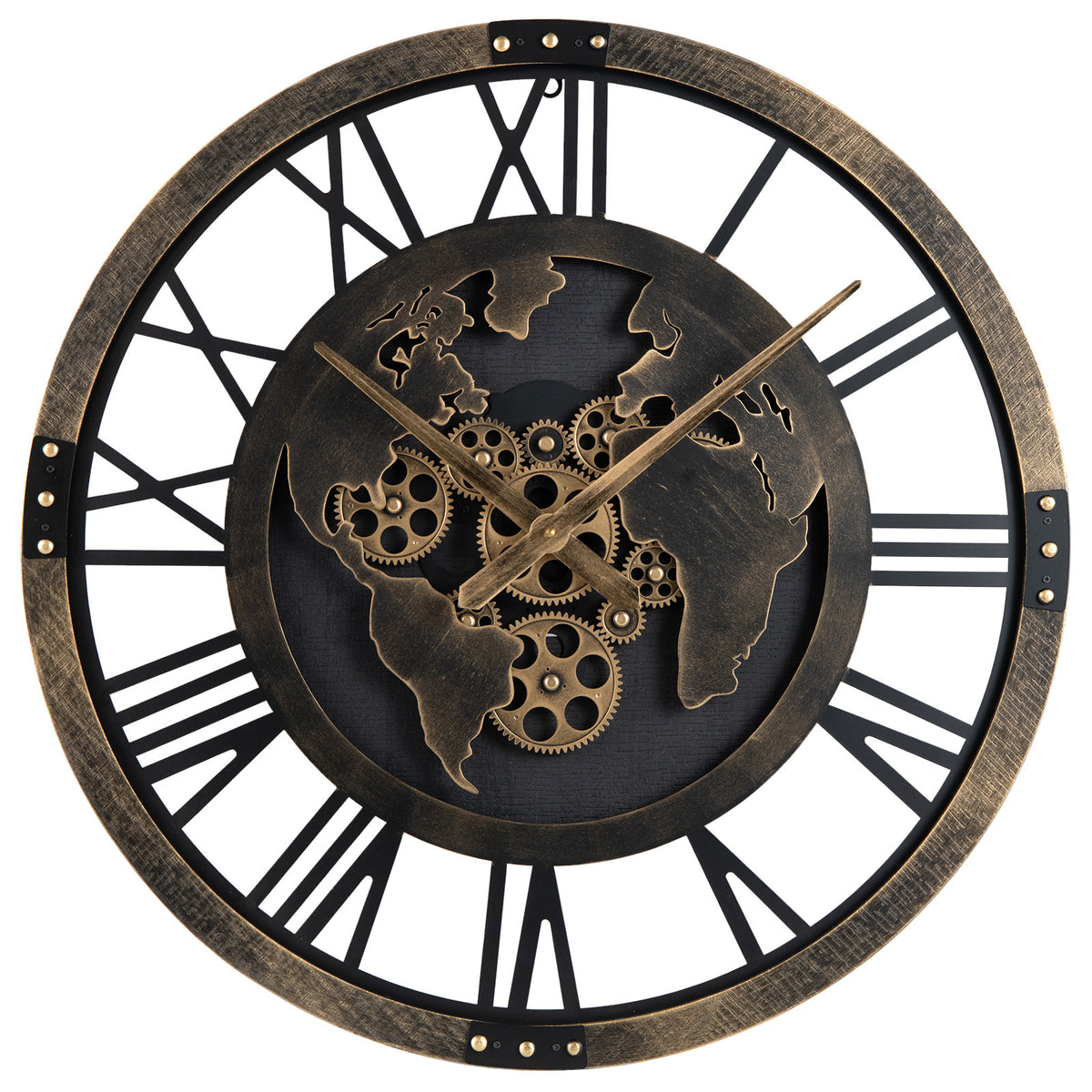 27" Large Wall Clock with World Map and Moving Gears-Brown
