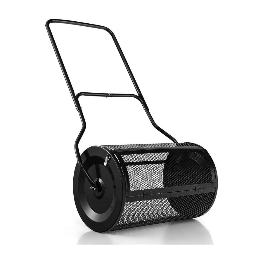 27 Inch Compost Spreader with Upgrade U-shaped Handle, a black lawn care tool with a mesh drum and wheels