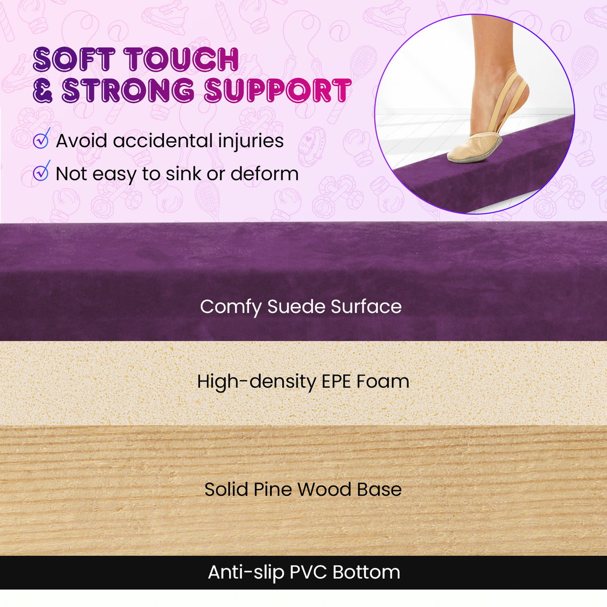 270CM Folding Balance Beam with Solid Wood Base and Anti-slip Bottom-Purple