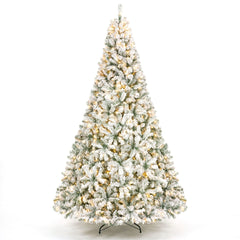 274cm Artificial Snow-Flocked Christmas Tree with Branch Tips and Warm White LED Lights for Home