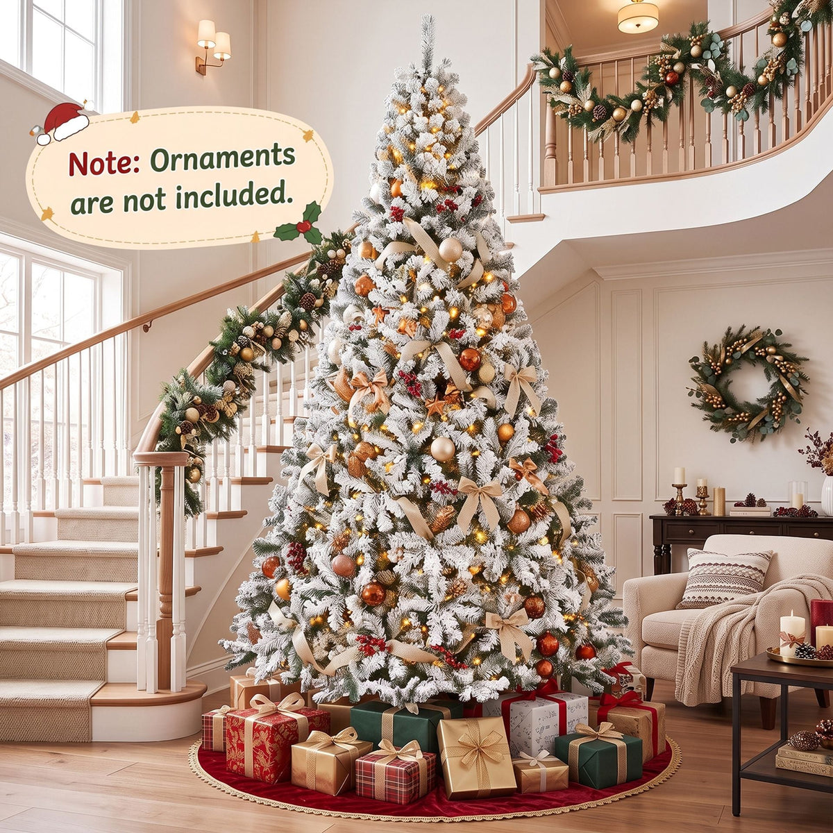 274cm Artificial Snow-Flocked Christmas Tree with Branch Tips and Warm White LED Lights for Home