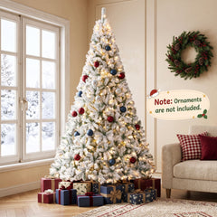 274cm Artificial Snow-Flocked Christmas Tree with Branch Tips and Warm White LED Lights for Home