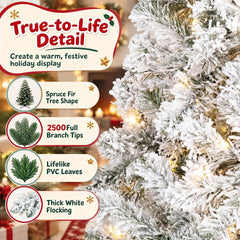 274cm Artificial Snow-Flocked Christmas Tree with Branch Tips and Warm White LED Lights for Home