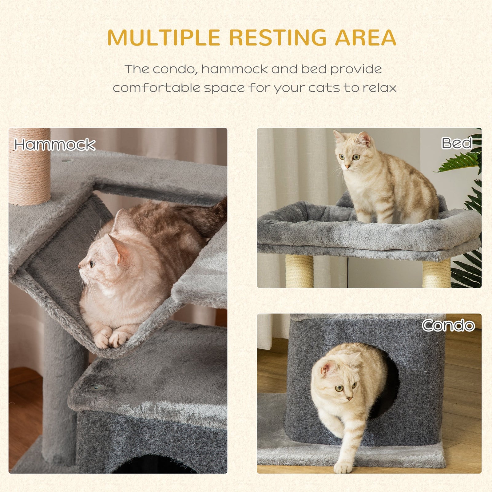 PawHut Cat Tree, 90cm Cat Tower with Sisal Scratching Posts, Cat Condo, Hammock, Top Perch and 2 Hanging Toys for Cats, Grey