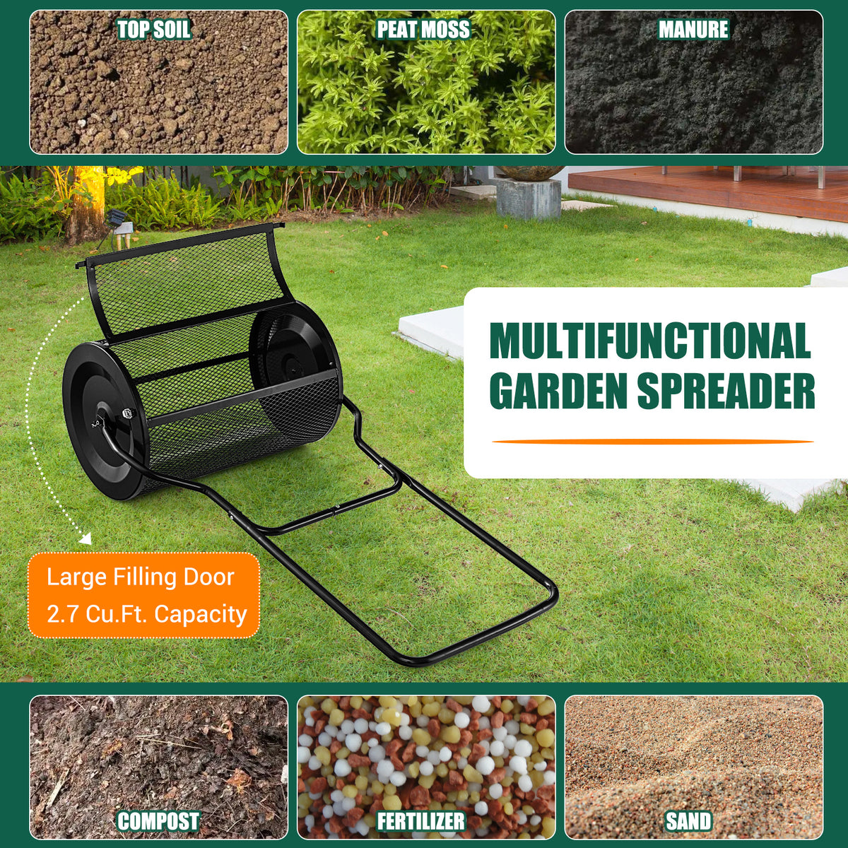 27 Inch Compost Spreader with Upgrade U-shaped Handle-Black