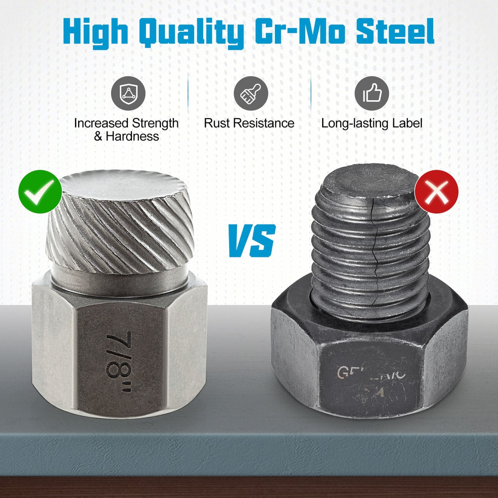 Close up comparison of a damaged screw head and a screw extractor bit