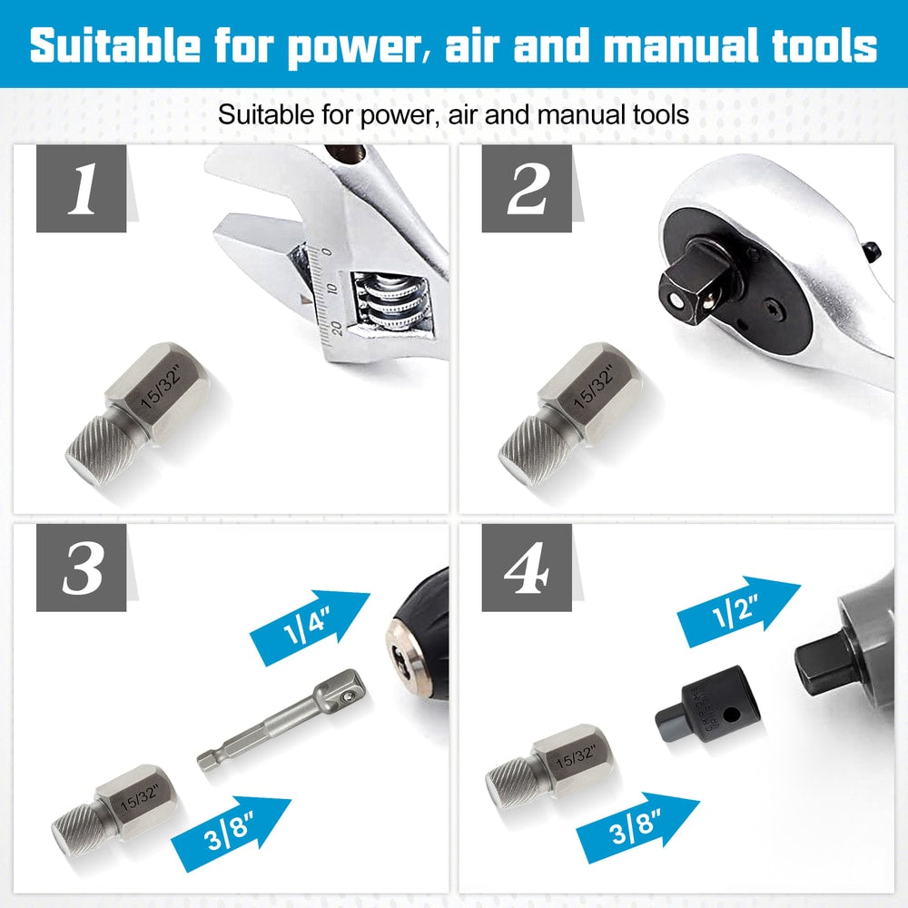 Four ways to use the screw extractor set with different tools and adapters