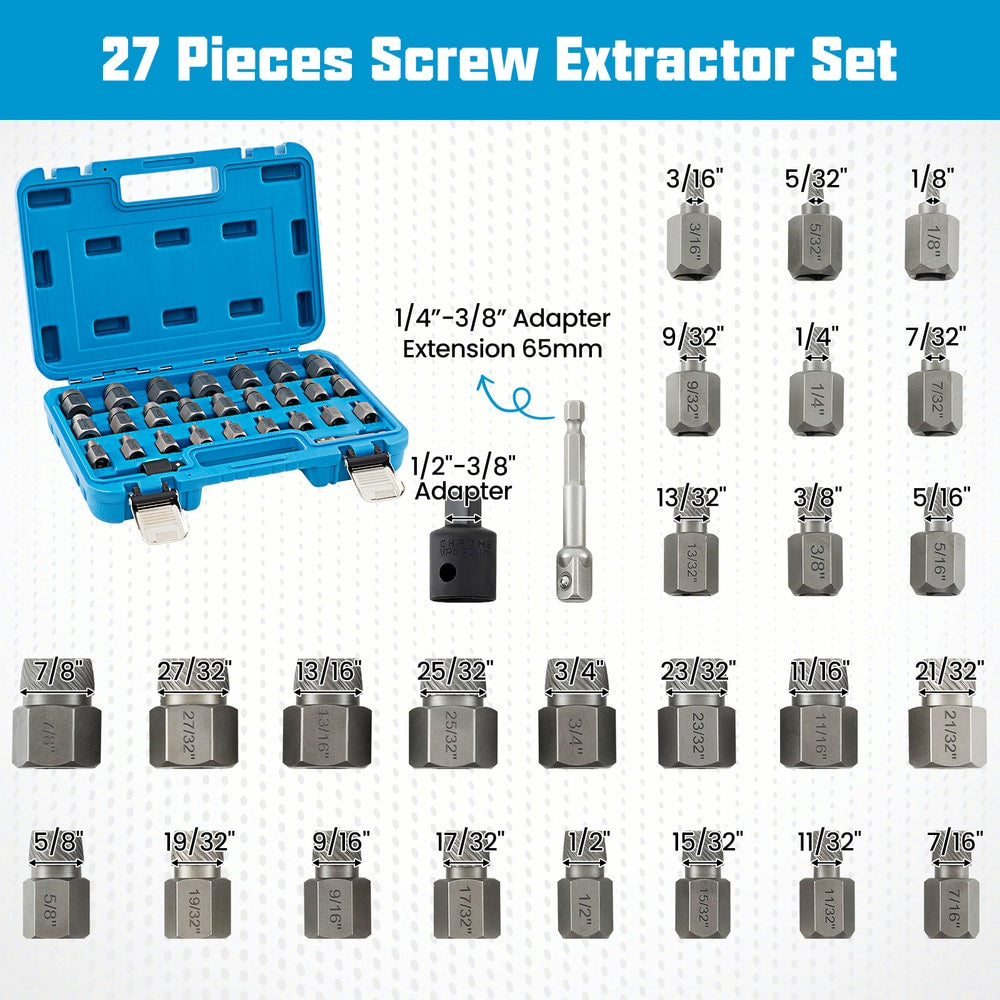 The 27 Pieces Screw Extractor Set with 3/8 Inches Drive and all its components labelled with sizes