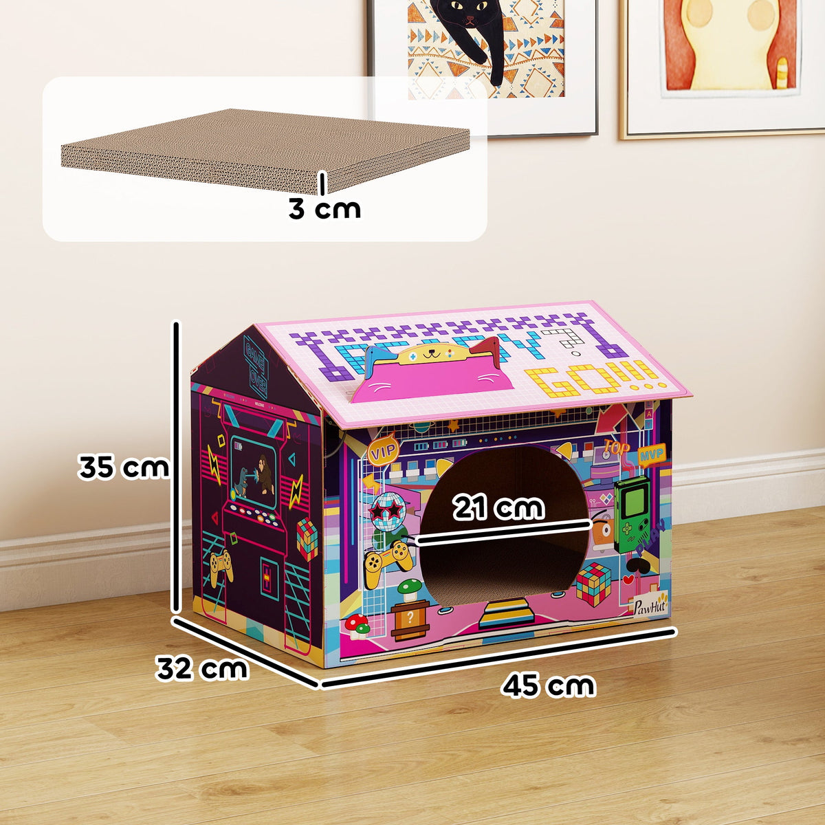 PawHut 2 in 1 Gaming Style Cardboard Cat House with Scratching Board & Catnip for Indoor Cats, Pink