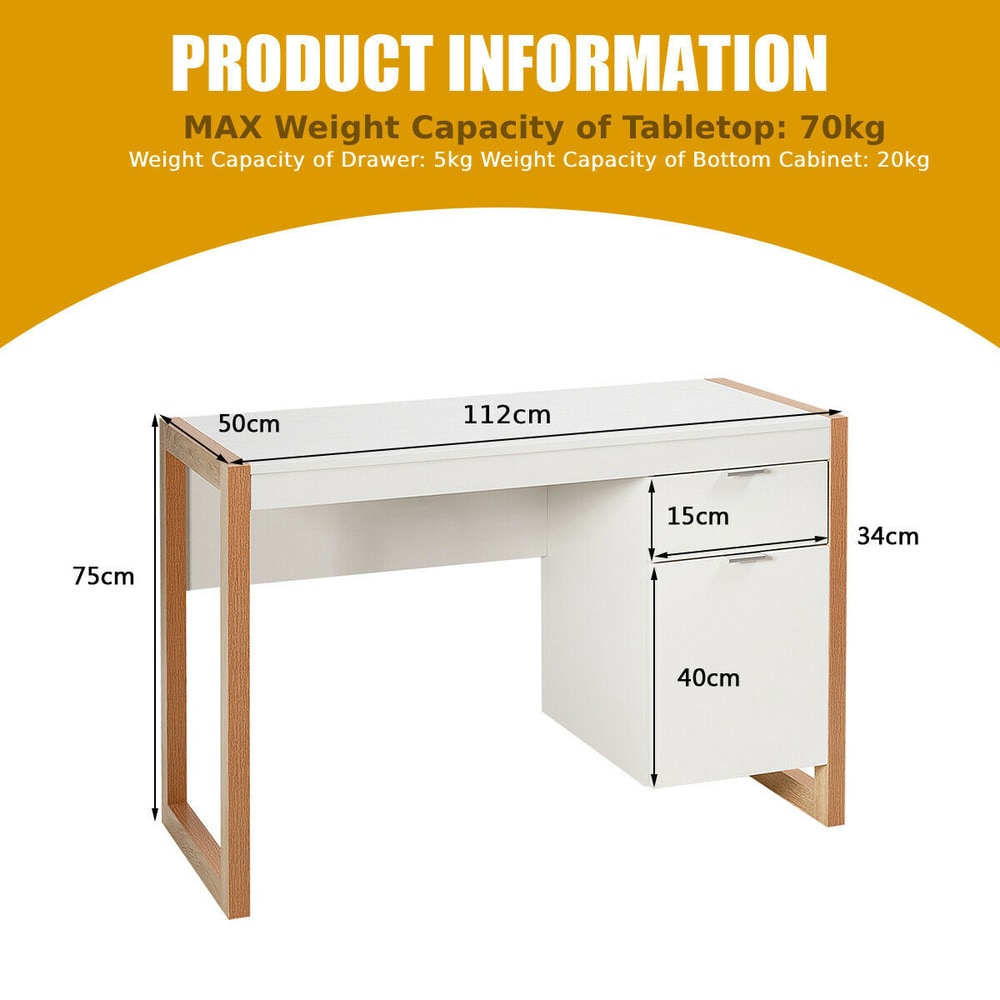 Dimensions of the white wooden computer desk with drawer and cabinet