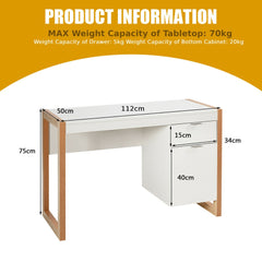 Dimensions of the white wooden computer desk with drawer and cabinet