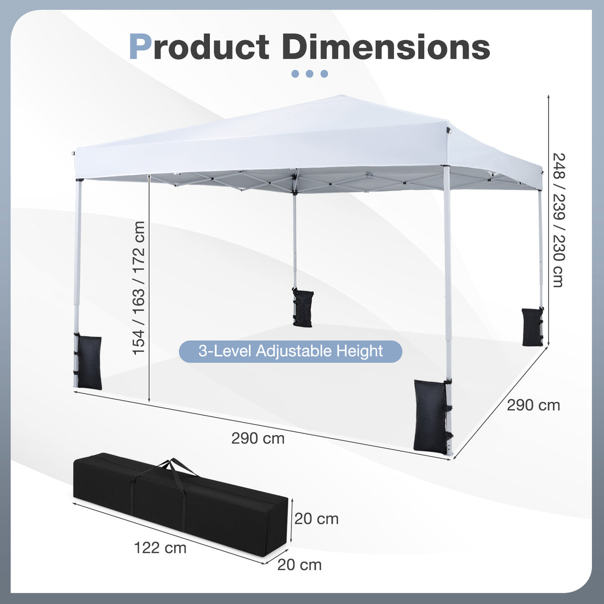 290 x 290 cm Pop up Canopy Tent with Carrying Bag and 4 Sandbags-White