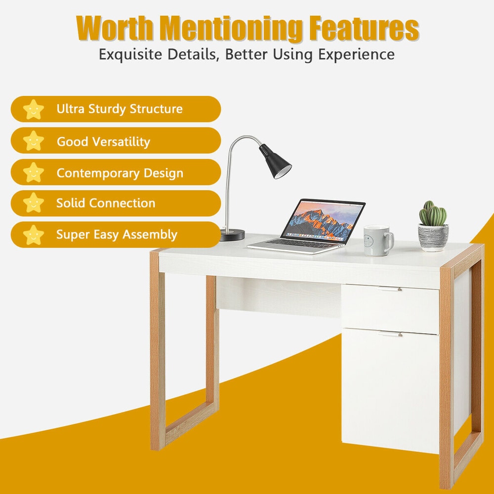 Features of the white wooden computer desk with drawer and cabinet