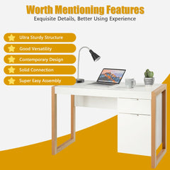 Features of the white wooden computer desk with drawer and cabinet