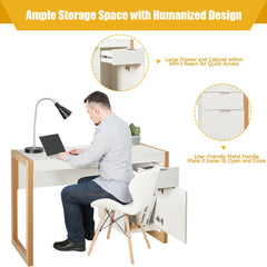 Man using the white wooden computer desk with drawer and cabinet, showing storage