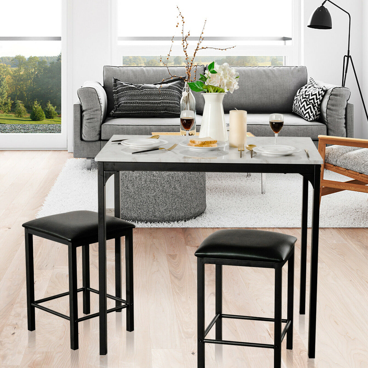 3 Piece Dining Table Set with 2 Faux Leather Backless Stools-White