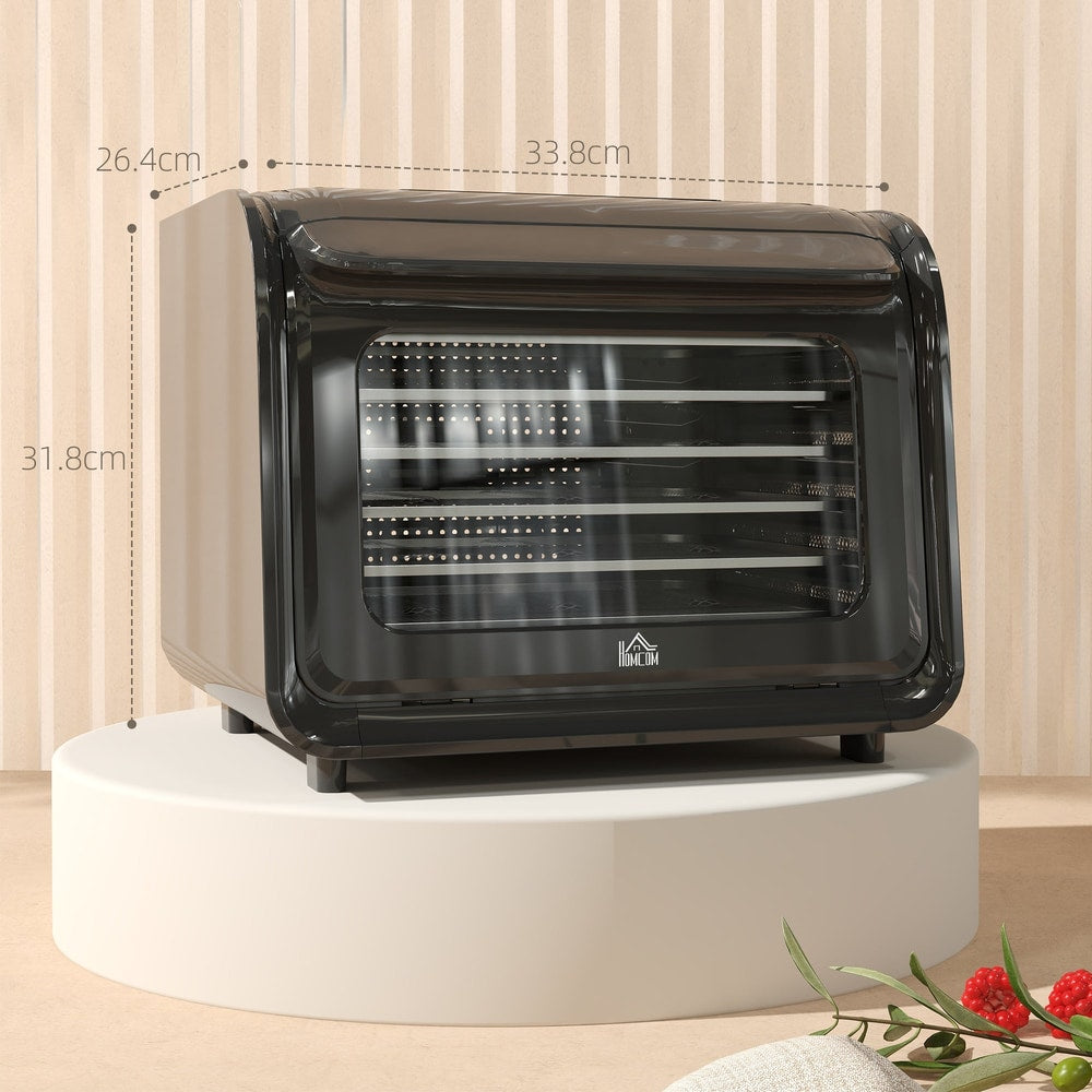 Black six-tray food dehydrator on a display stand, showing dimensions
