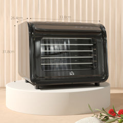 Black six-tray food dehydrator on a display stand, showing dimensions
