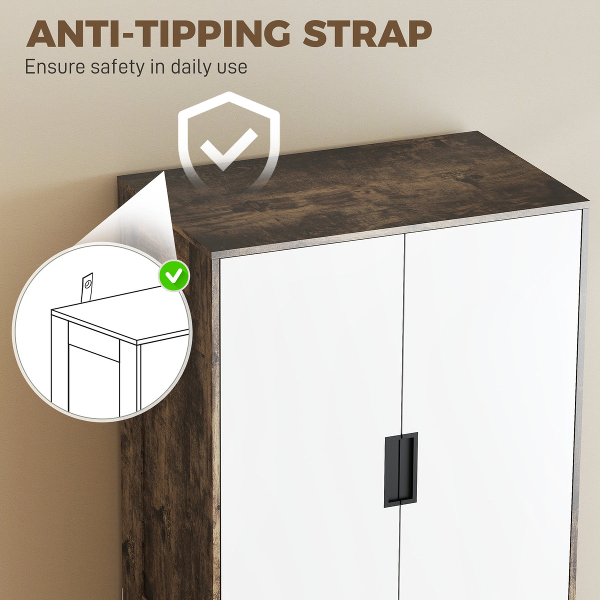 HOMCOM Modern Clothes Storage Cupboard Unit, 3 Drawer 2 Door Wardrobe with Hanging Rod, Rustic Brown