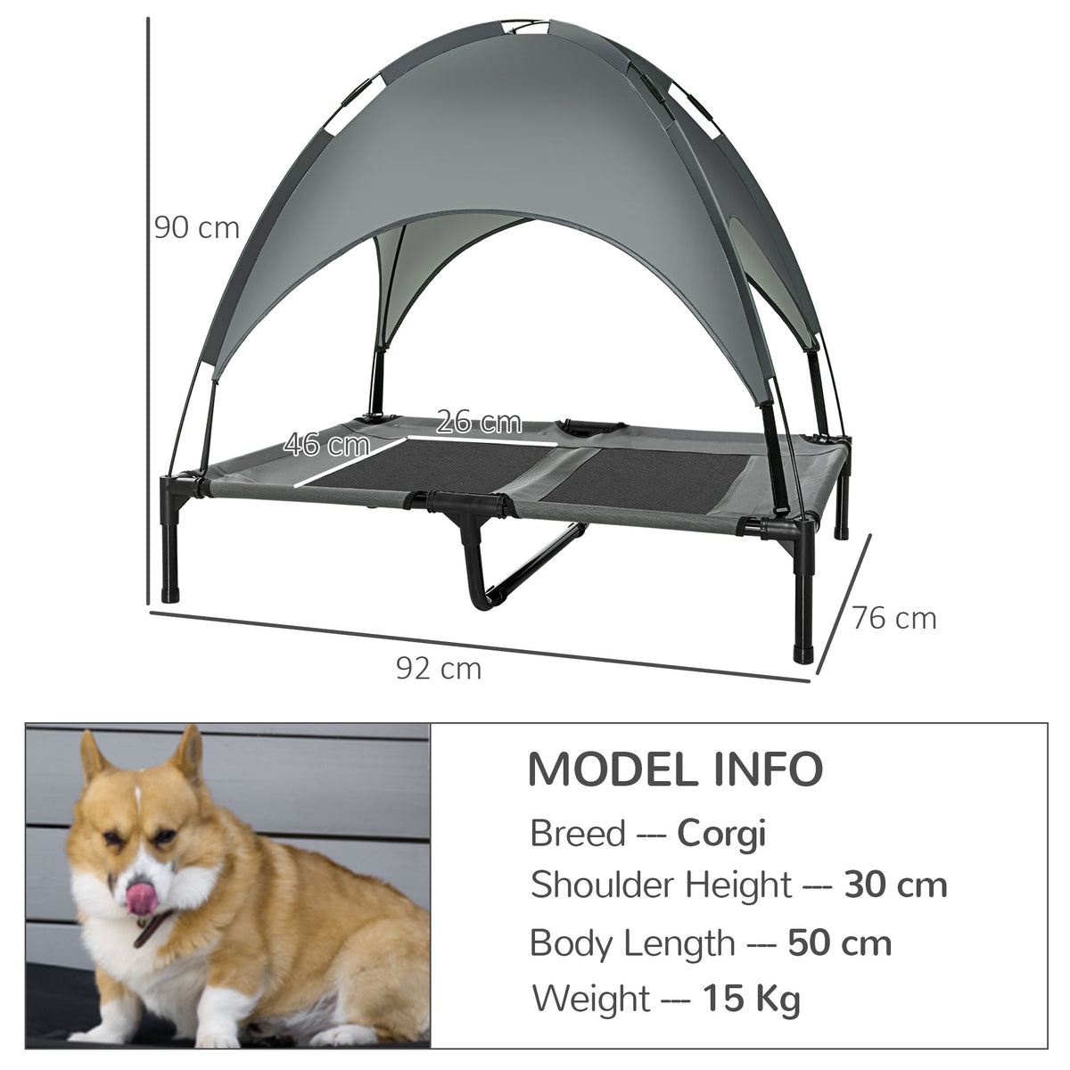 PawHut Outdoor Dog Bed with Removable Canopy, Portable Raised Dog Bed for Camping, Garden & Beach, Water-Resistant UV-Protection Mesh Pet Cot Sun Lounger, for Large Pets, 92 x 76 x 90 cm, Grey