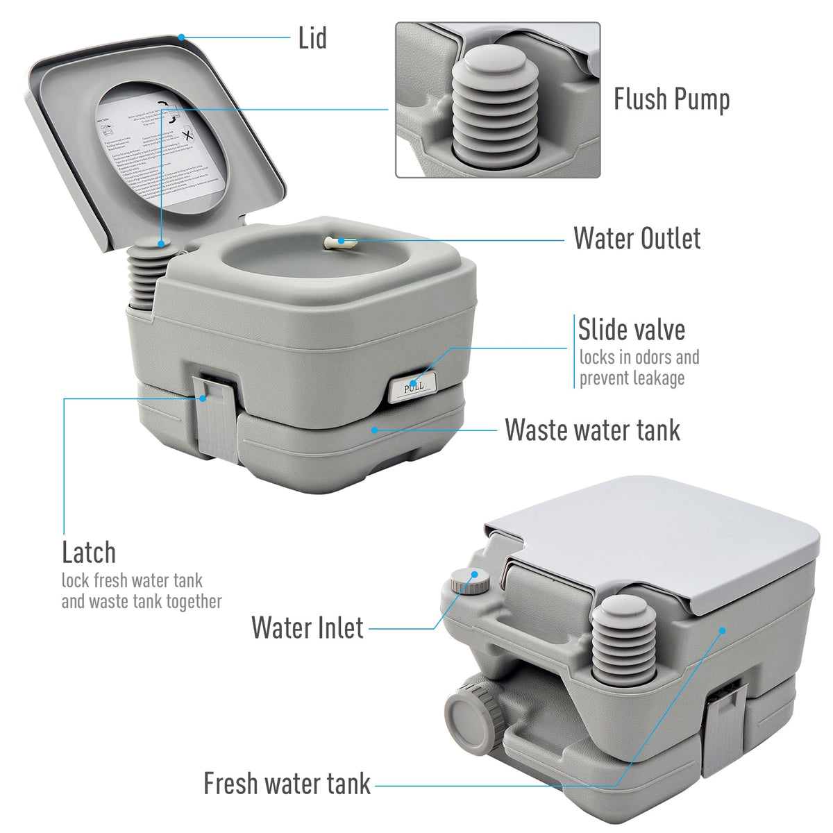 HOMCOM 10L Portable Toilet for Adults, Outdoor Camping Toilet with 2 Detachable Tanks & Push-button Operation, Compact Outdoor Travel Potty Loo with Lid, Seat for Fishing, Hiking, Picnic, Grey