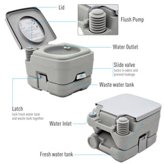 HOMCOM 10L Portable Toilet for Adults, Outdoor Camping Toilet with 2 Detachable Tanks & Push-button Operation, Compact Outdoor Travel Potty Loo with Lid, Seat for Fishing, Hiking, Picnic, Grey