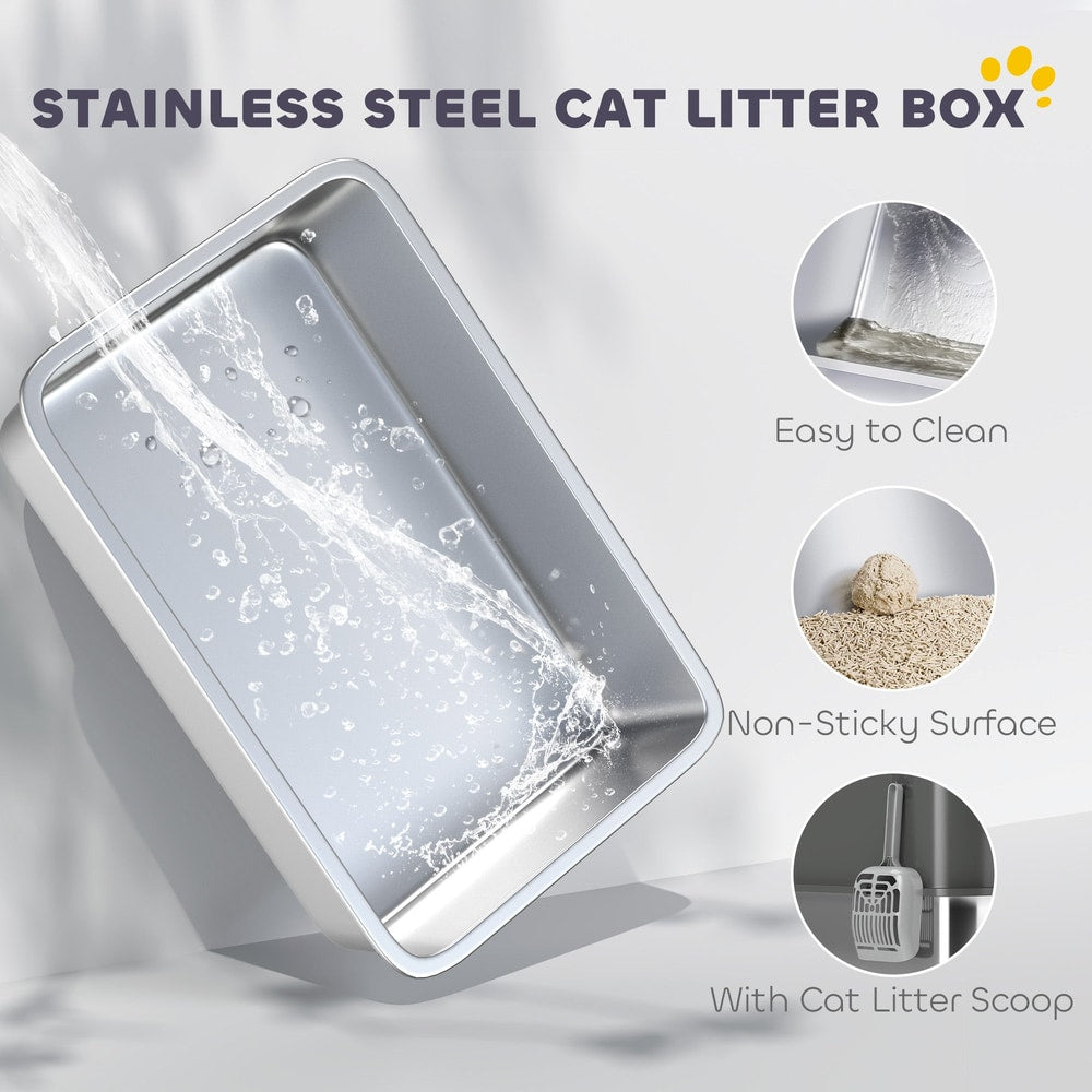 PawHut Stainless Steel Cat Litter Tray, Extra Large Enclosed Litter Box with Scoop, Top Entrance, Non-slip Pads, Dark Grey