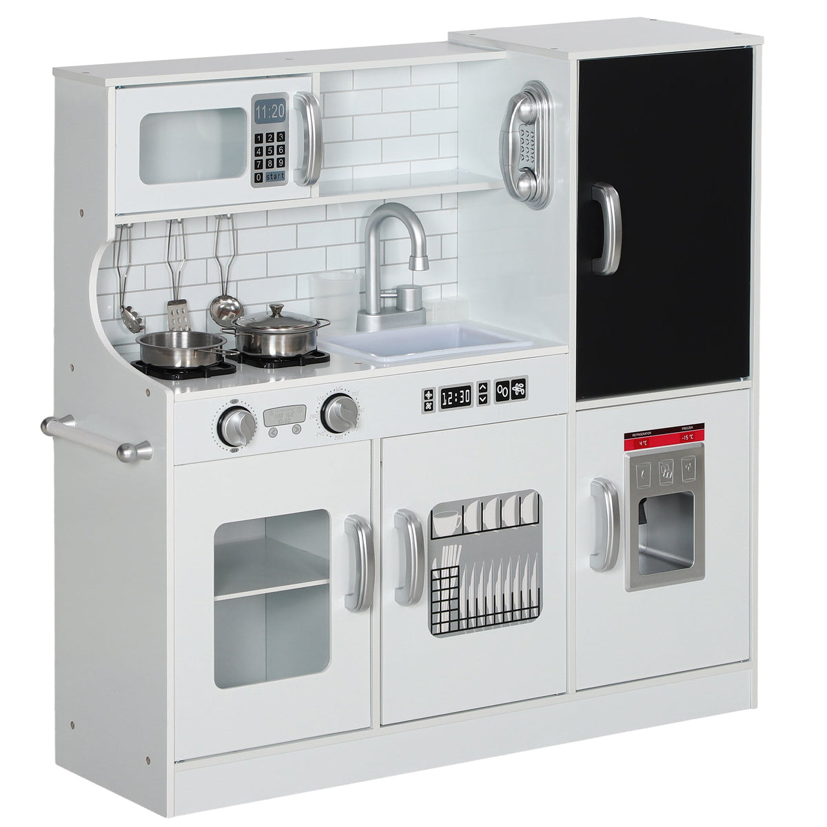 AIYAPLAY Pretend Play Kitchen, Kids Kitchen Playset, with Toy Phone, Chalkboard, Microwave, Cooking Stove, Sink, White