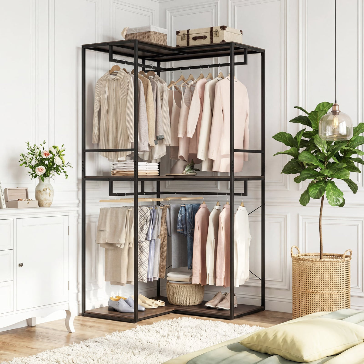 2M L-shaped Coat Rack Unit with 3 Shelves and 4 Rails Open Wardrobe-Grey