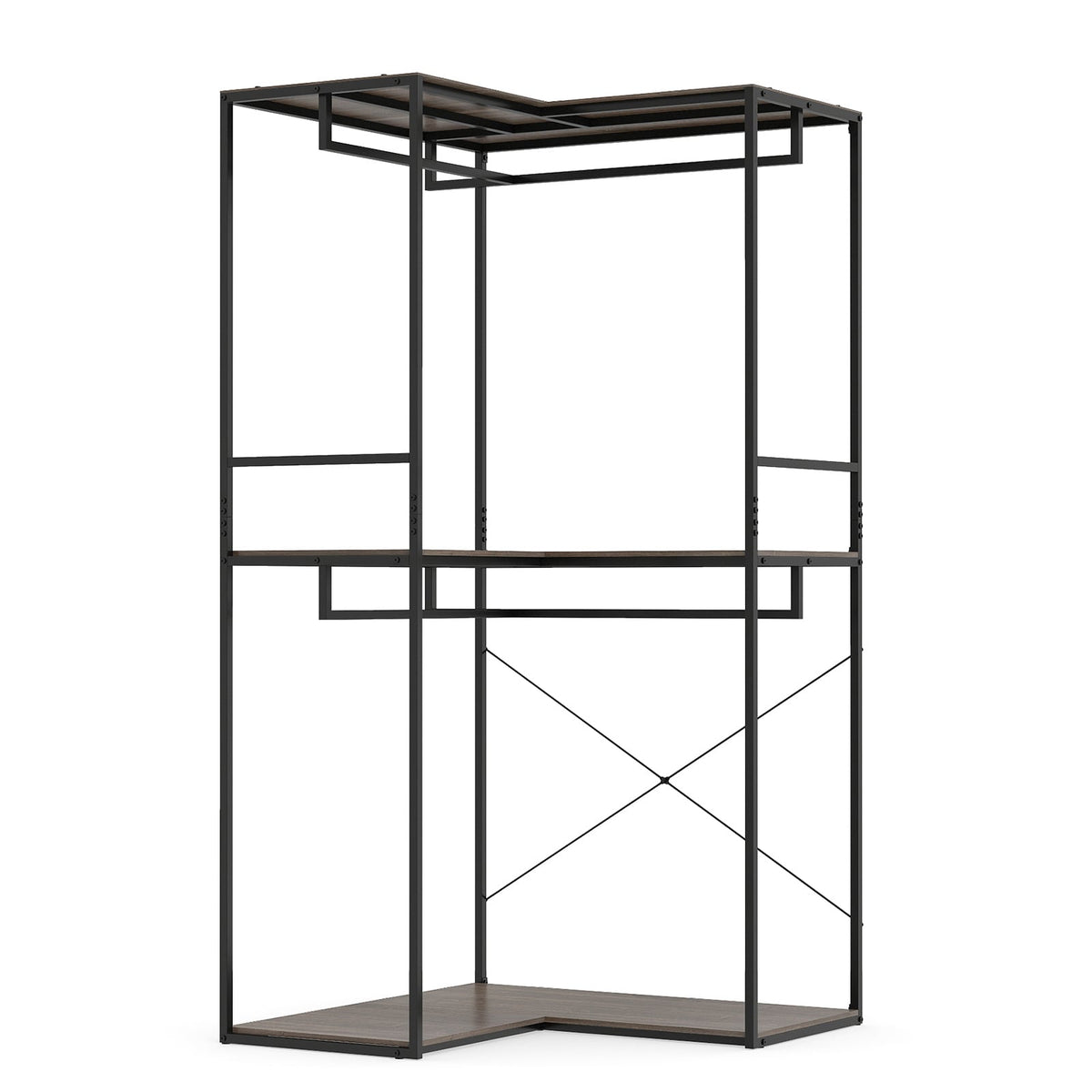 2M L-shaped Coat Rack Unit with 3 Shelves and 4 Rails Open Wardrobe-Grey