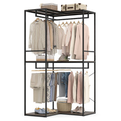 2M L-shaped Coat Rack Unit with 3 Shelves and 4 Rails Open Wardrobe-Grey